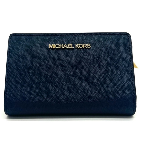 Michael Kors Medium Bifold Zip Chain Wallet Navy Blue - Picture 1 of 8